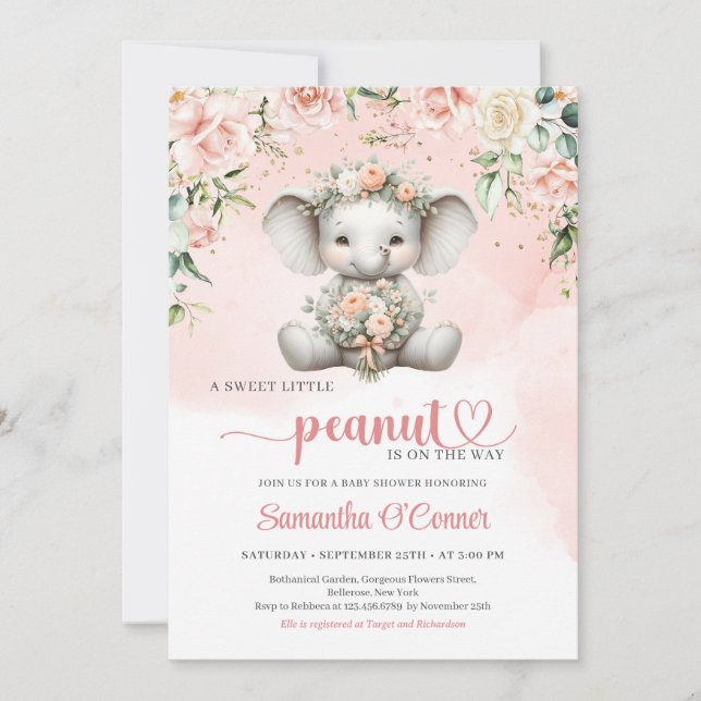 Cute girl elephant with blush flowers bouquet invitation (Front)