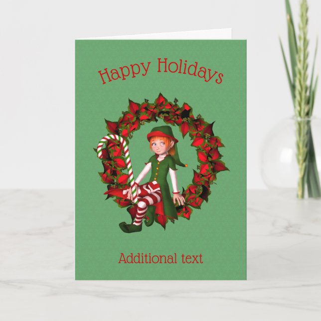 Cute Girl Elf On Wreath Christmas Holiday Card (Front)