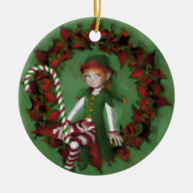 Cute Girl Elf On Wreath Christmas Ornament (Front)