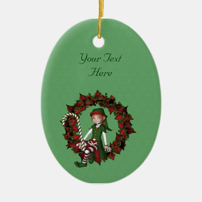 Cute Girl Elf Poinsettia Wreath Holiday Ceramic Tree Decoration (Front)