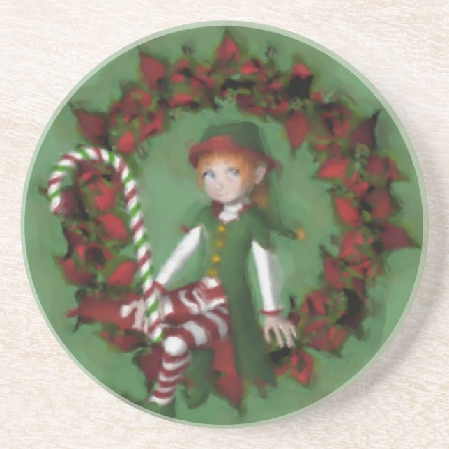 Cute Girl Elf Poinsettia Wreath Holiday Coaster (Front)