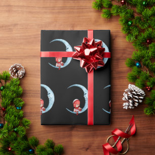 Cute Girl Elf Sitting on Moon Black Christmas  Wrapping Paper