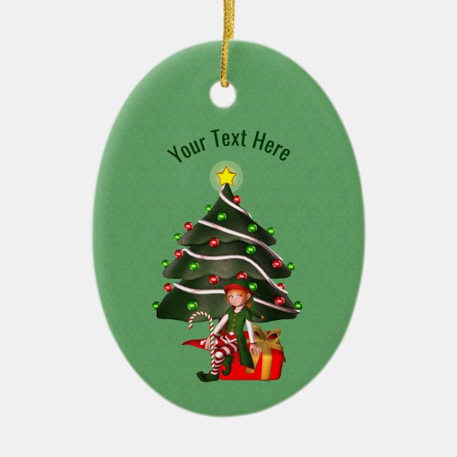 Cute Girl Elf Tree Holiday Personalised Ceramic Tree Decoration (Front)