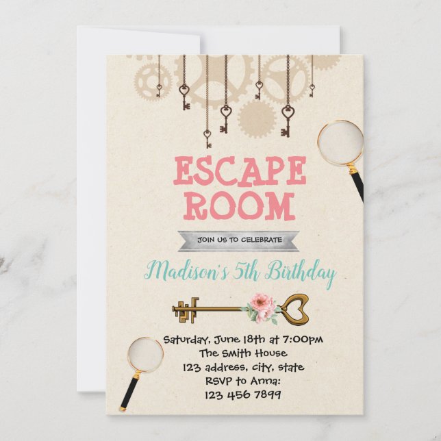 Cute girl escape room party invitation (Front)