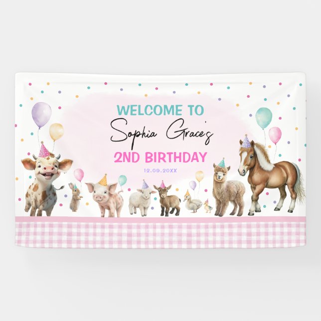 Cute Girl Farm Animals Balloons Birthday Party Banner (Horizontal)