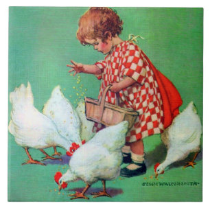 Cute Girl Feeding Hens by Jessie Willcox Smith Tile