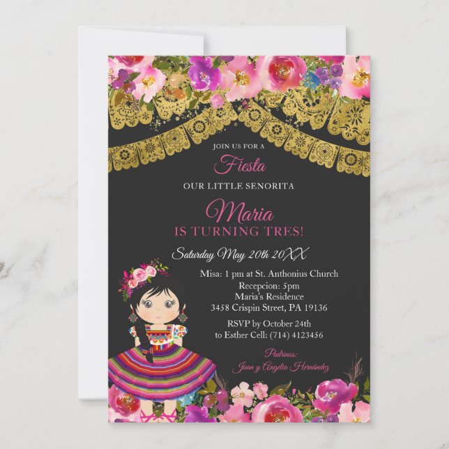 Cute Girl Fiesta Black Mexican Charra XV Anos Invi Invitation (Front)