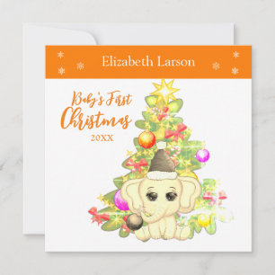 Cute Girl First Christmas Orange Elephant Baby's Holiday Card