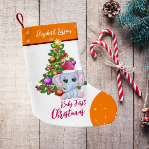 Cute Girl FIRST CHRISTMAS Orange Elephant BABY'S Small Christmas Stocking