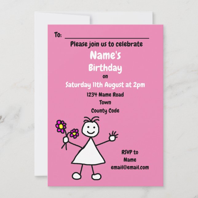 Cute Girl Flowers Pink Birthday Party Invitation (Front)