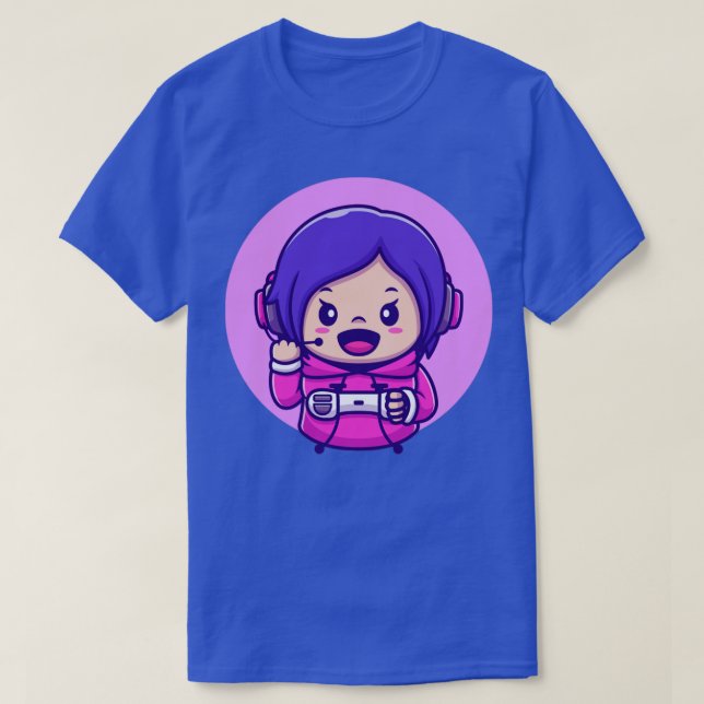 Cute Girl Gaming Holding Joystick Cartoon T-Shirt (Design Front)