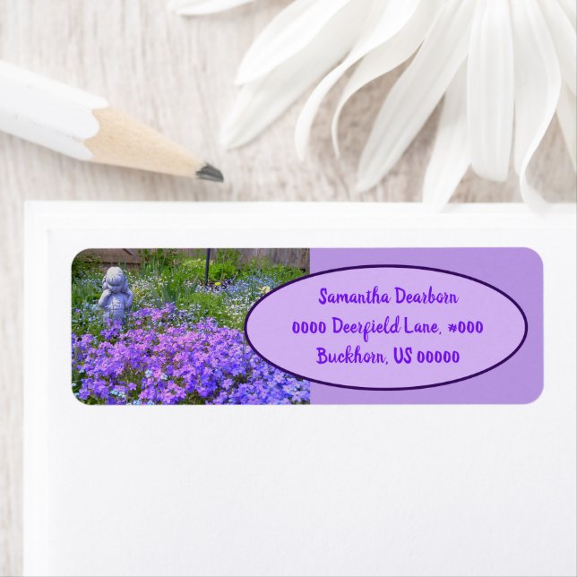 Cute Girl Garden Statue Looking At Purple Flowers (Insitu)