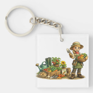 Cute Girl Gardener Harvesting Vegetables Art Key Ring