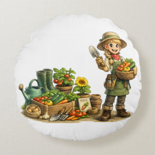 Cute Girl Gardener Harvesting Vegetables Art Round Cushion