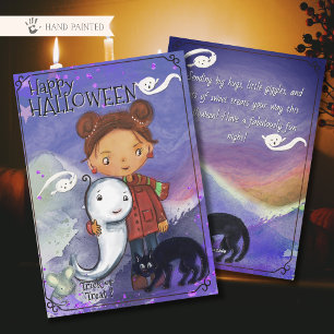 Cute Girl, Ghost, & Black Cat   Kids Spooktacular  Holiday Card