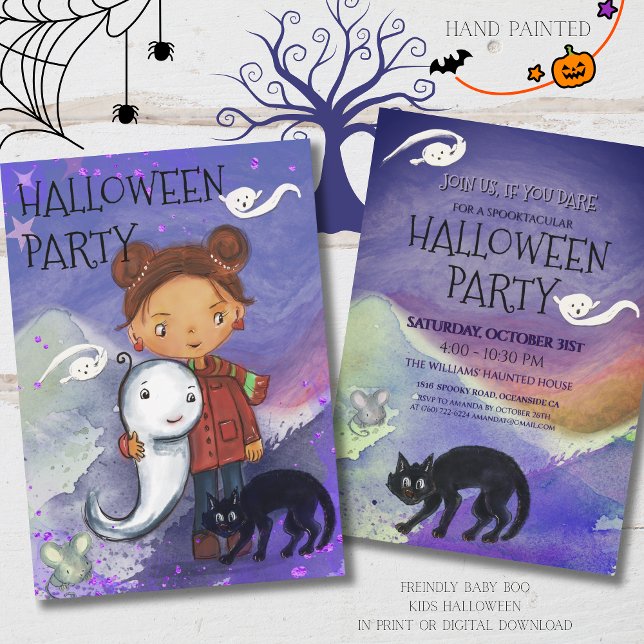 Cute Girl, Ghost, & Black Cat | Kids Spooktacular  Invitation (Cute Girl, Ghost, & Black Cat  Kids Spooktacular Invitation)