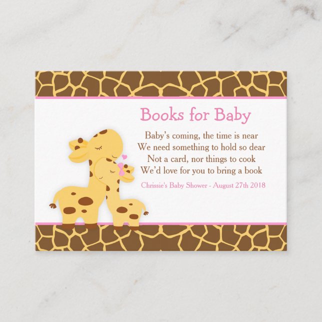Cute Girl Giraffe Book Request for Baby Shower Enclosure Card (Front)