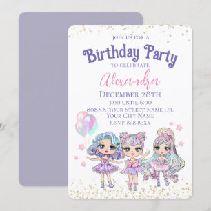 Cute Girl Glitter Dolls Birthday Party Invitation