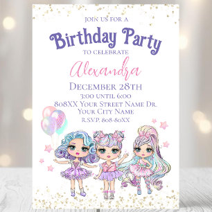 Cute Girl Glitter Dolls Birthday Party Invitation