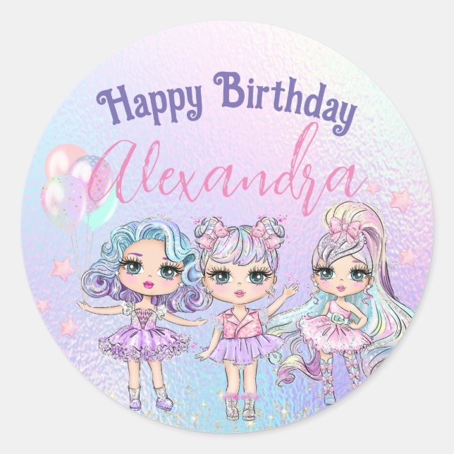 Cute Girl Glitter Dolls Holographic Birthday Party Classic Round Sticker (Front)