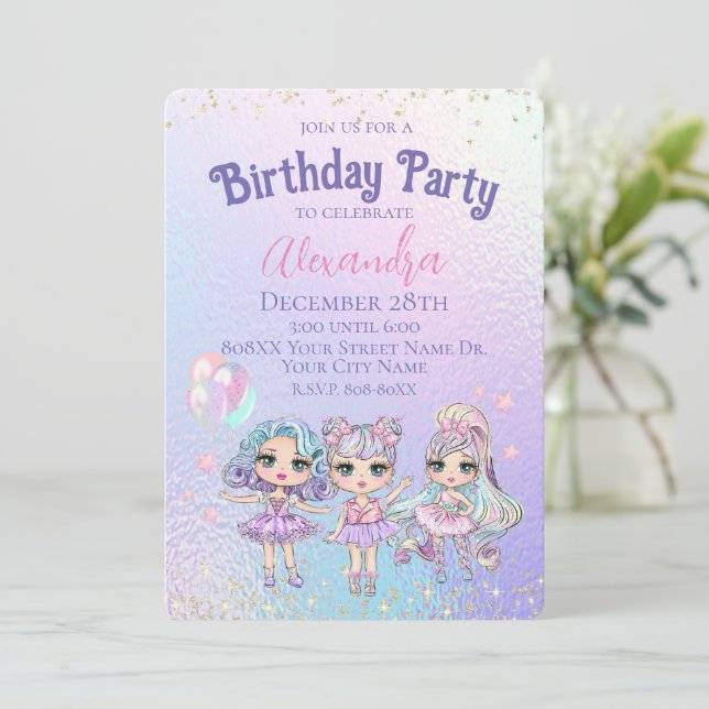 Cute Girl Glitter Dolls Holographic Birthday Party Invitation (Standing Front)
