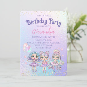 Cute Girl Glitter Dolls Holographic Birthday Party Invitation