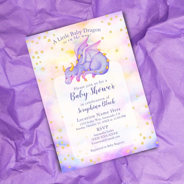 Cute Girl Gold Purple Dragon Baby Shower Invitation (Creator Uploaded)