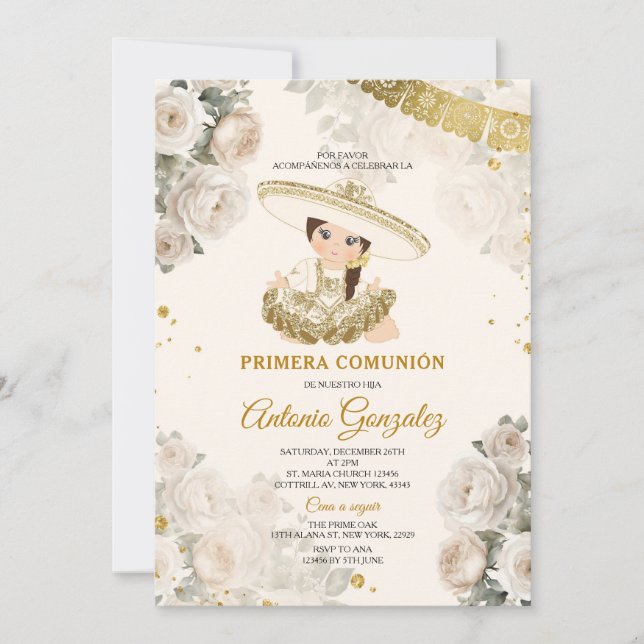 Cute Girl Gold White Cream Flower Primera Comunión Invitation (Front)