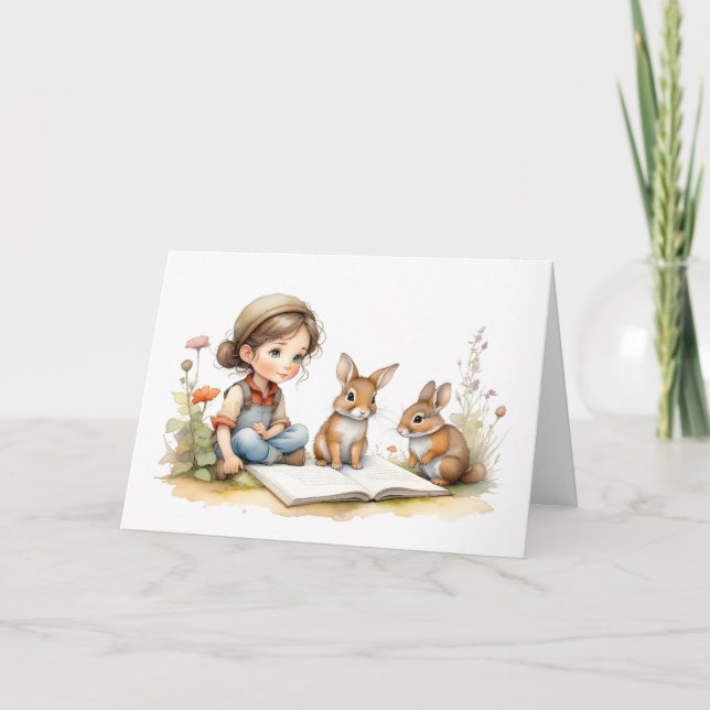 Cute Girl Green Eyes Book Rabbits Flowers Blank Card (Front)