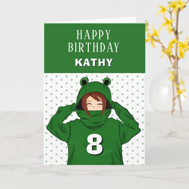 Cute Girl Green Frog Hoodie Drawing Birthday   Card (Yellow Flower)