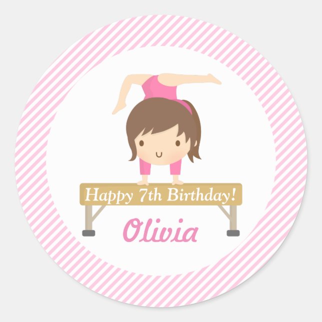 Cute Girl Gymnastics Kids Birthday Party Classic Round Sticker (Front)