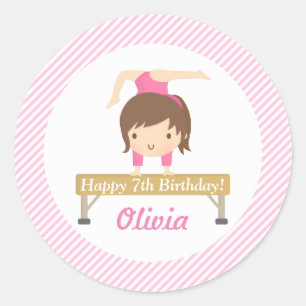 Cute Girl Gymnastics Kids Birthday Party Classic Round Sticker