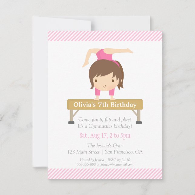 Cute Girl Gymnastics Kids Birthday Party Invitation (Front)