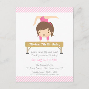 Cute Girl Gymnastics Kids Birthday Party Invitation