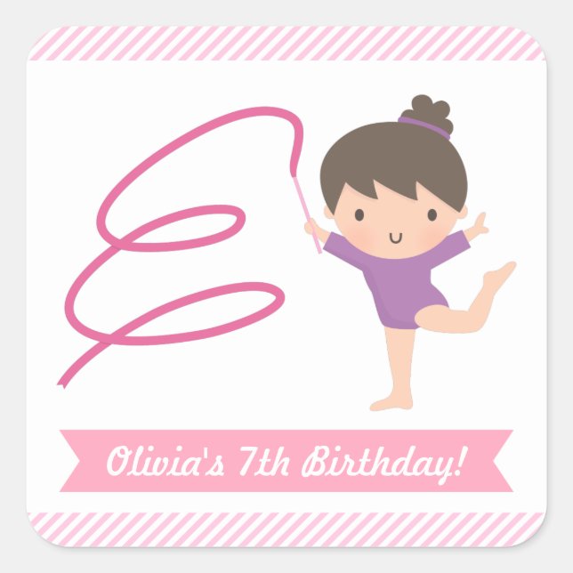 Cute Girl Gymnastics Kids Birthday Party Labels (Front)