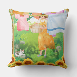 Cute Girl Hanging Laundry in Sunflower Garden. Cushion