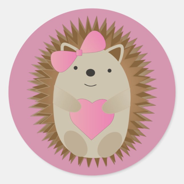 Cute Girl Hedgehog Hugging a Heart Classic Round Sticker (Front)