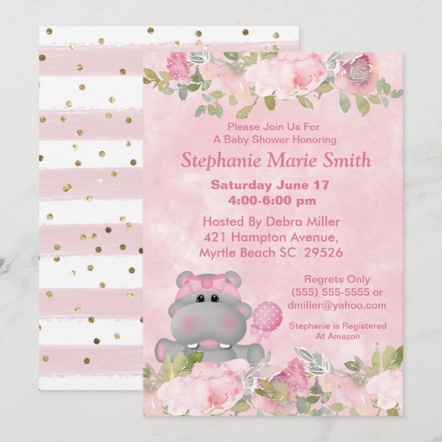Cute Girl Hippo Pink Floral Baby Shower   Invitation (Front/Back)