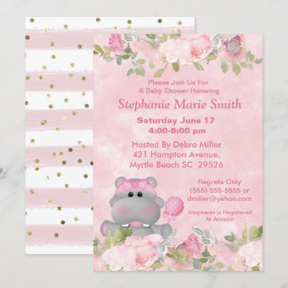 Cute Girl Hippo Pink Floral Baby Shower Invitation