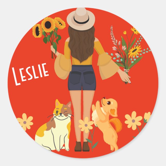 Cute girl holding sunflowers Cat & Dog  Classic Round Sticker (Front)