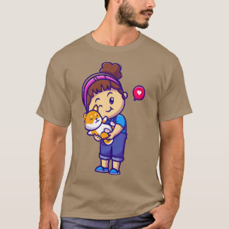 Cute Girl Hug Shiba Inu Dog Cartoon 1 T-Shirt