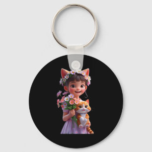 Cute girl hugging a cat fanny unisex design men key ring