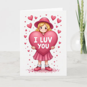 Cute Girl I Luv You Heart Card