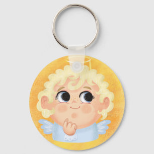 Cute girl in a Angel Halloween costume Paper Plat Key Ring