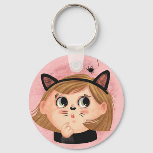 Cute girl in a black kitty Halloween costume Pape Key Ring