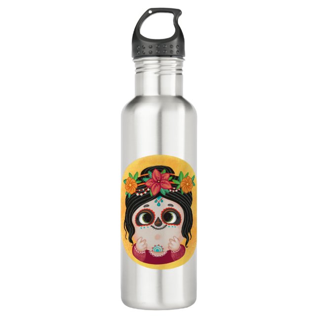 Cute girl in a Day of the Dead Halloween costume 710 Ml Water Bottle (Front)