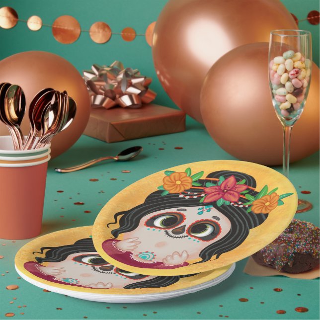 Cute girl in a Day of the Dead Halloween costume  Paper Plate (Multi)