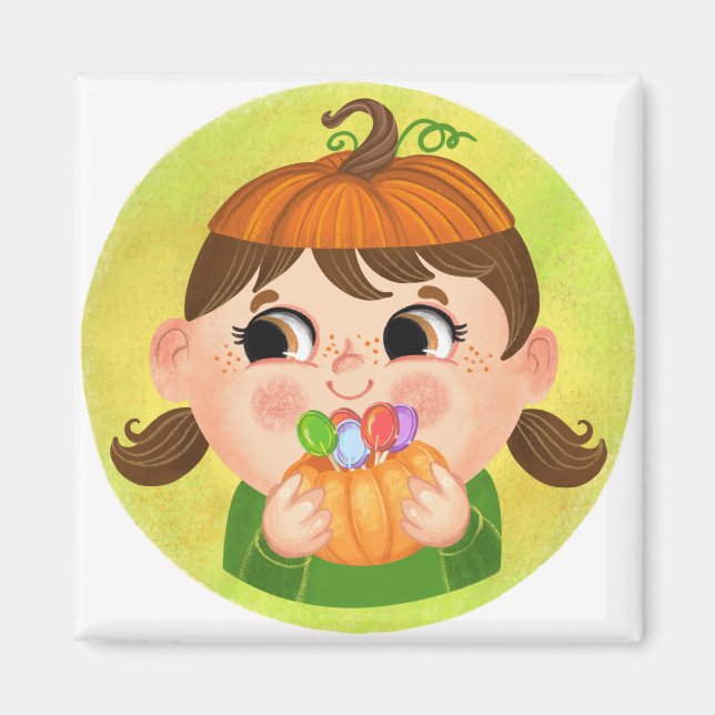 Cute girl in a Pumpkin Halloween costume Magnet (Front)