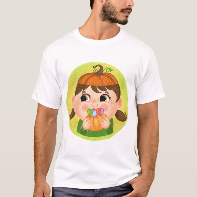 Cute girl in a Pumpkin Halloween costume T-Shirt (Front)