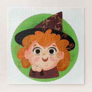 Cute girl in a witch costume throw pillow jigsaw puzzle